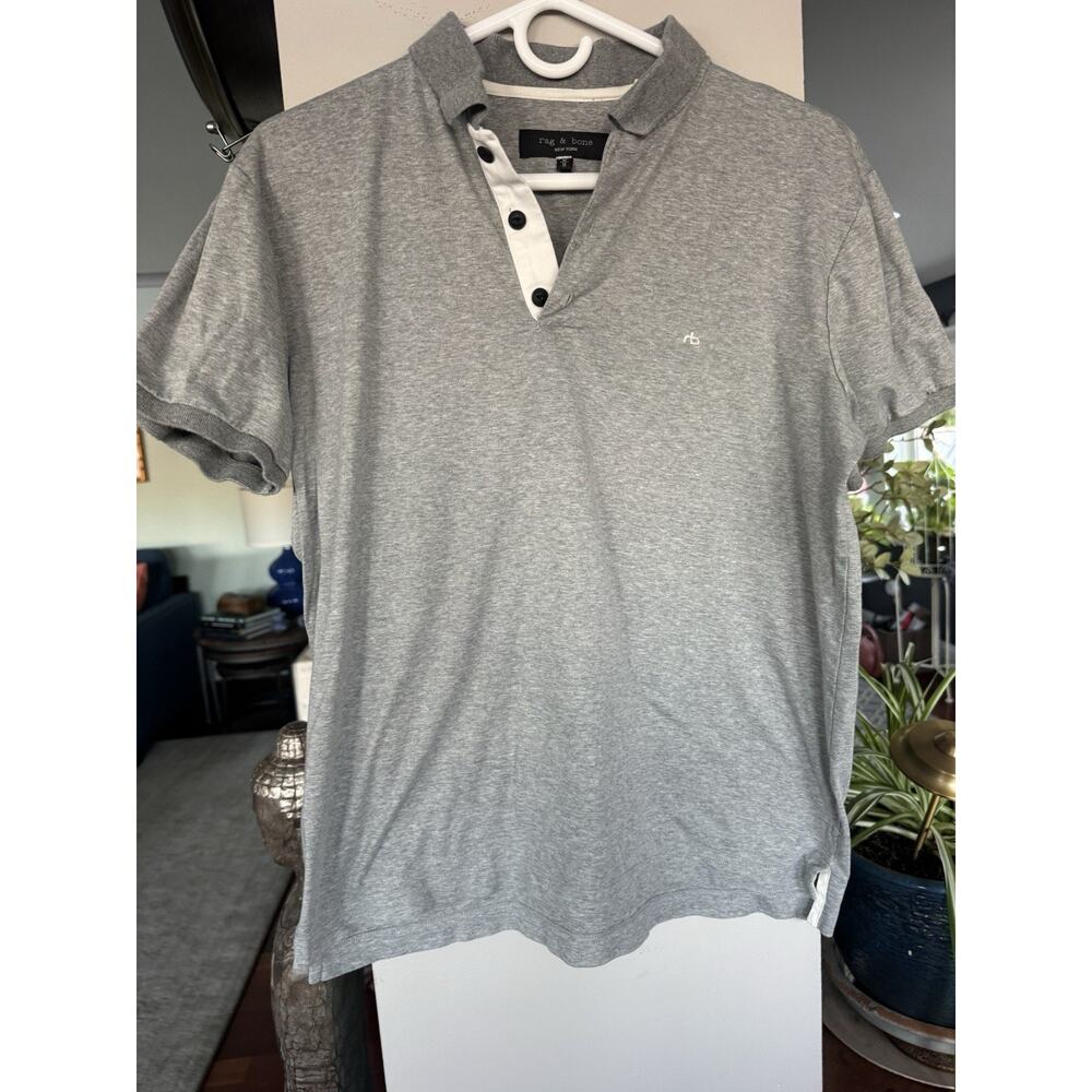 Mens rag & bone NY polo shirt heather gray w/white placket logo Sz Med